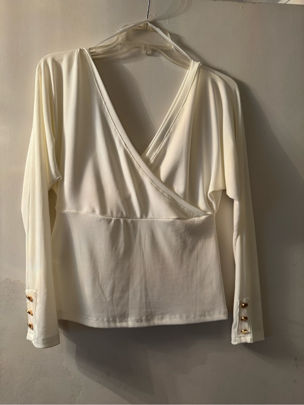 chic Cream Wrap-Style Long Sleeve Top with Gold Buttons